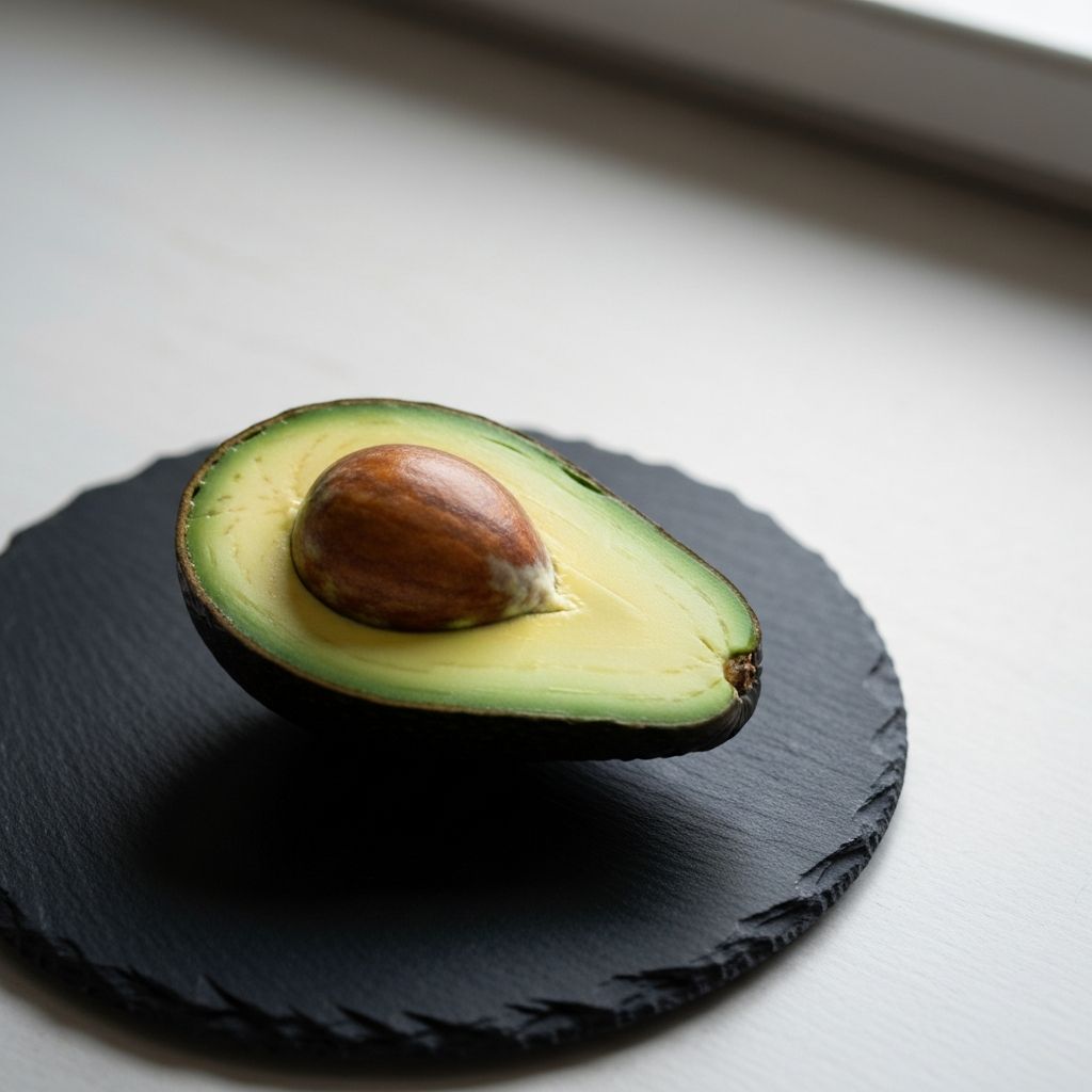 Minimalist avocado half on dark plate