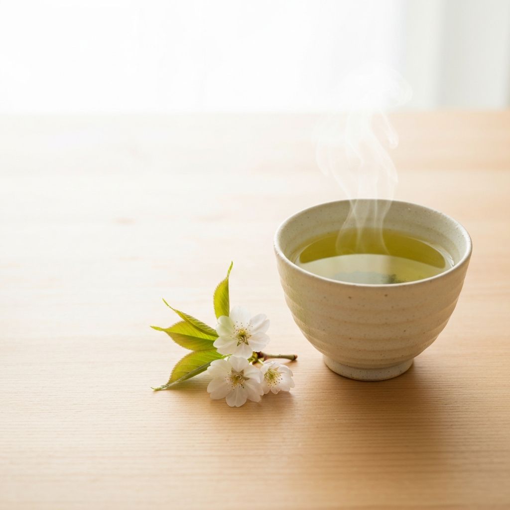 Ceramic cup of steaming green tea
